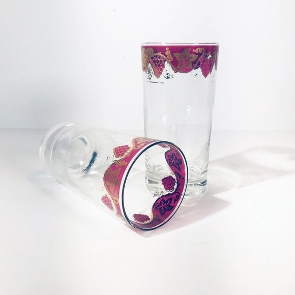 MCM Highball Glasses Set of 2 Gilt Edge Cranberry Flashed Grape Cluster Barware - Picture 8 of 8